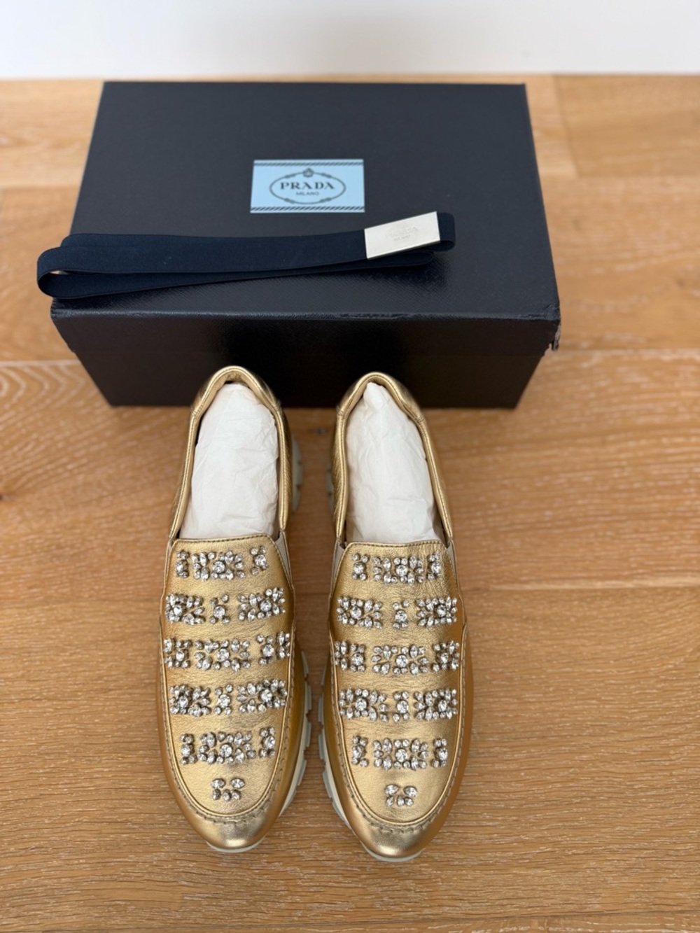 Beautiful Prada Metallic Gold Crystal-Strap Leather Loafers - US 10/EU 40 - NWOT - Picture 2 of 9